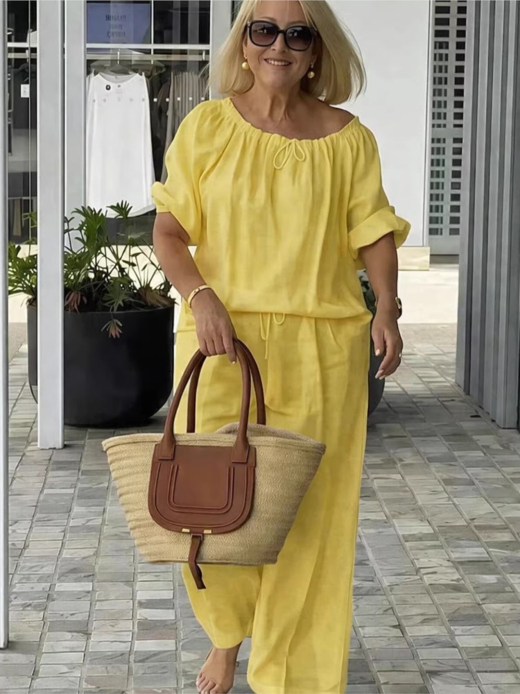 Ensemble décontracté 2 pièces pour femme, nouvelle collection printemps-été, haut ample à col rond avec cordon de serrage et pantalon, ensemble deux pièces
