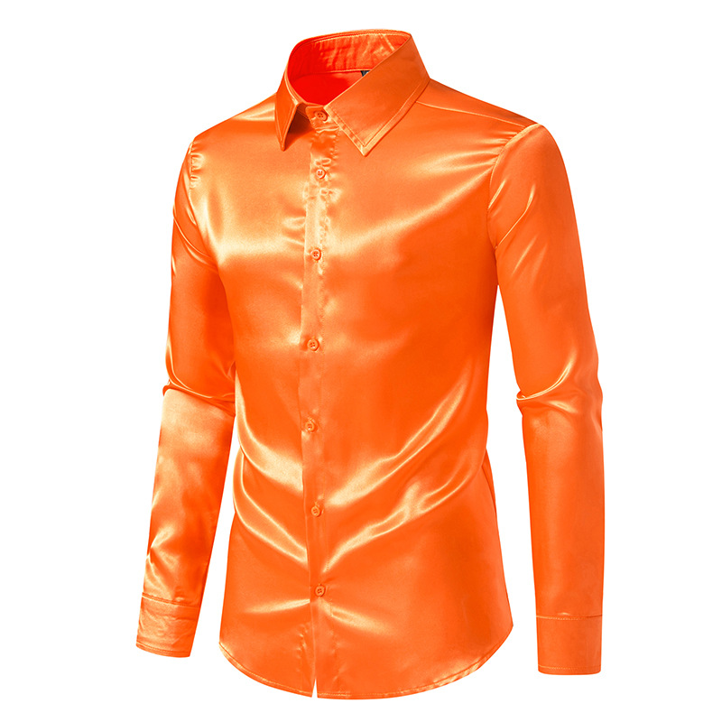 Chemise en satin à manches longues pour hommes, chemise habillée décontractée, bleu, orange, rouge, noir, blanc, jaune, fête de mariage, boîte de nuit, chemisier à la mode