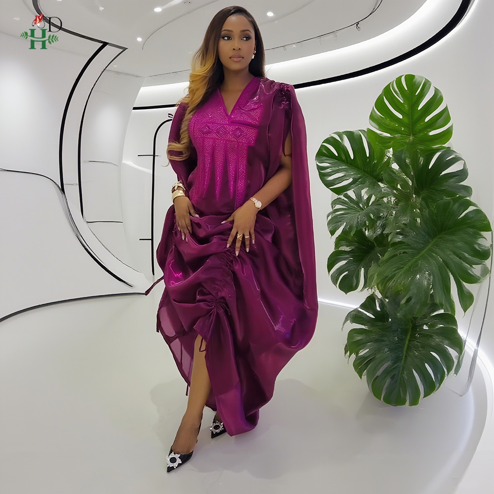 H & D femmes africaines grande taille vêtements nouveauté col en v manches chauve-souris brodé froncé Robe irrégulière Robe de mariée Robe Bubu