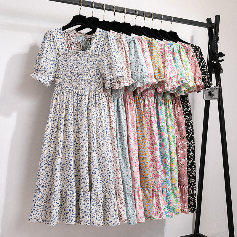 Robe d'été plissée en mousseline de soie pour femmes, tenue décontractée, plage, vacances, manches courtes, col carré, mi-longue, style bohème