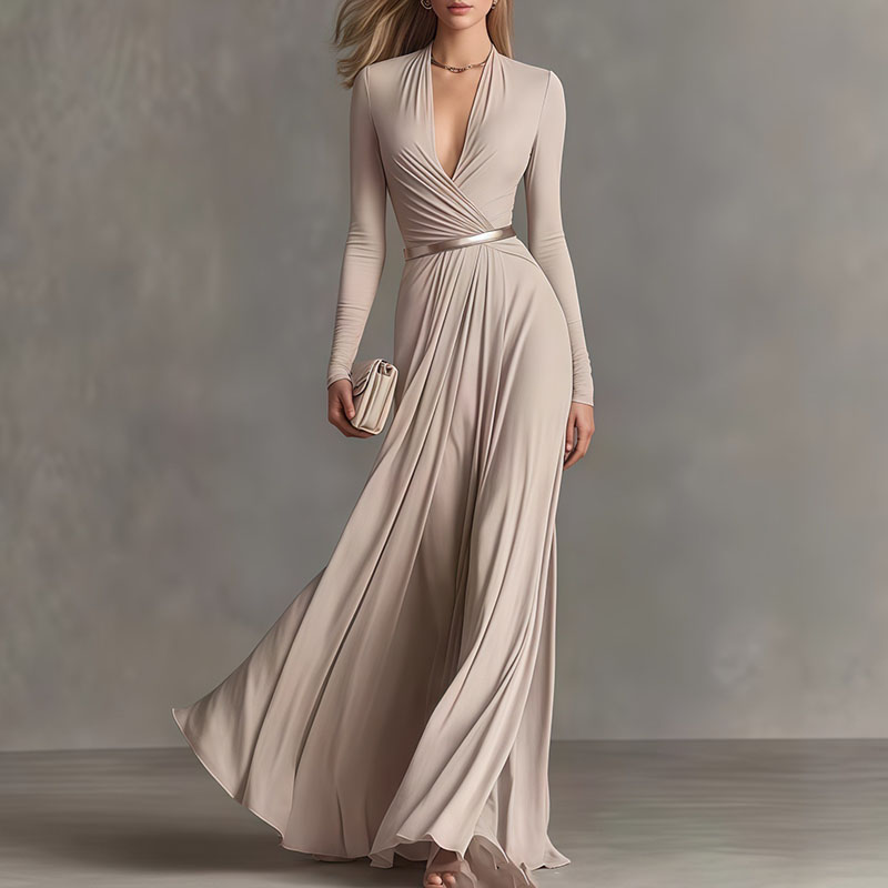 Robes pour femme, robe maxi sexy à col en V profond, taille haute, manches longues, robe élégante unie et fluide, robes de soirée, robe bohème d'été, Mujer