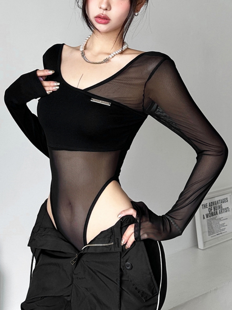 Body transparent noir, Lingerie Sexy à manches longues, col en v, une pièce, dos nu, hauts pour femmes