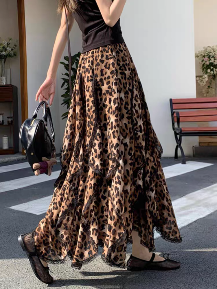 Jupes asymétriques à imprimé léopard pour femmes, jupe mi-longue fluide en mousseline de soie, coupe évasée, taille élastique, design rétro printemps-été