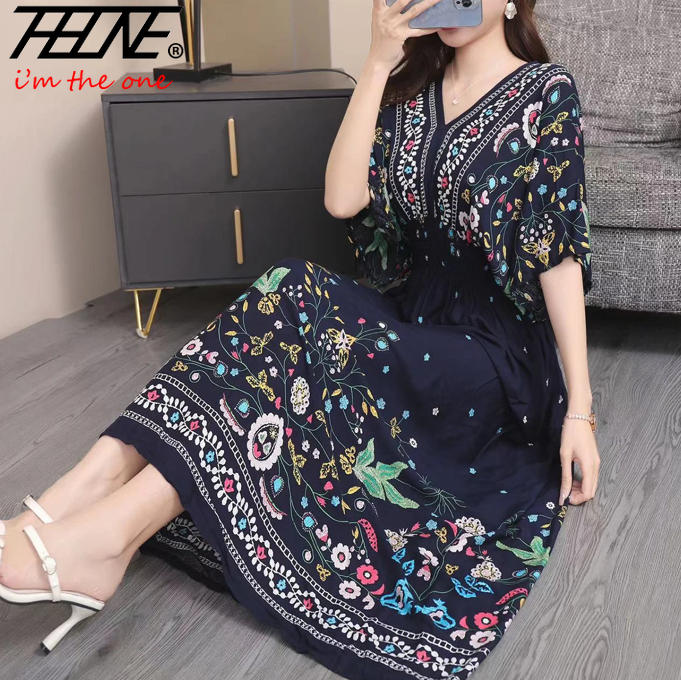 THBATHNE-Robe Indienne pour Femme, Tenue Éducative, Maxi, Longue, Décontractée, Plage, Coréenne, Florale, Coton, Lin, Été, Boho, Bohème