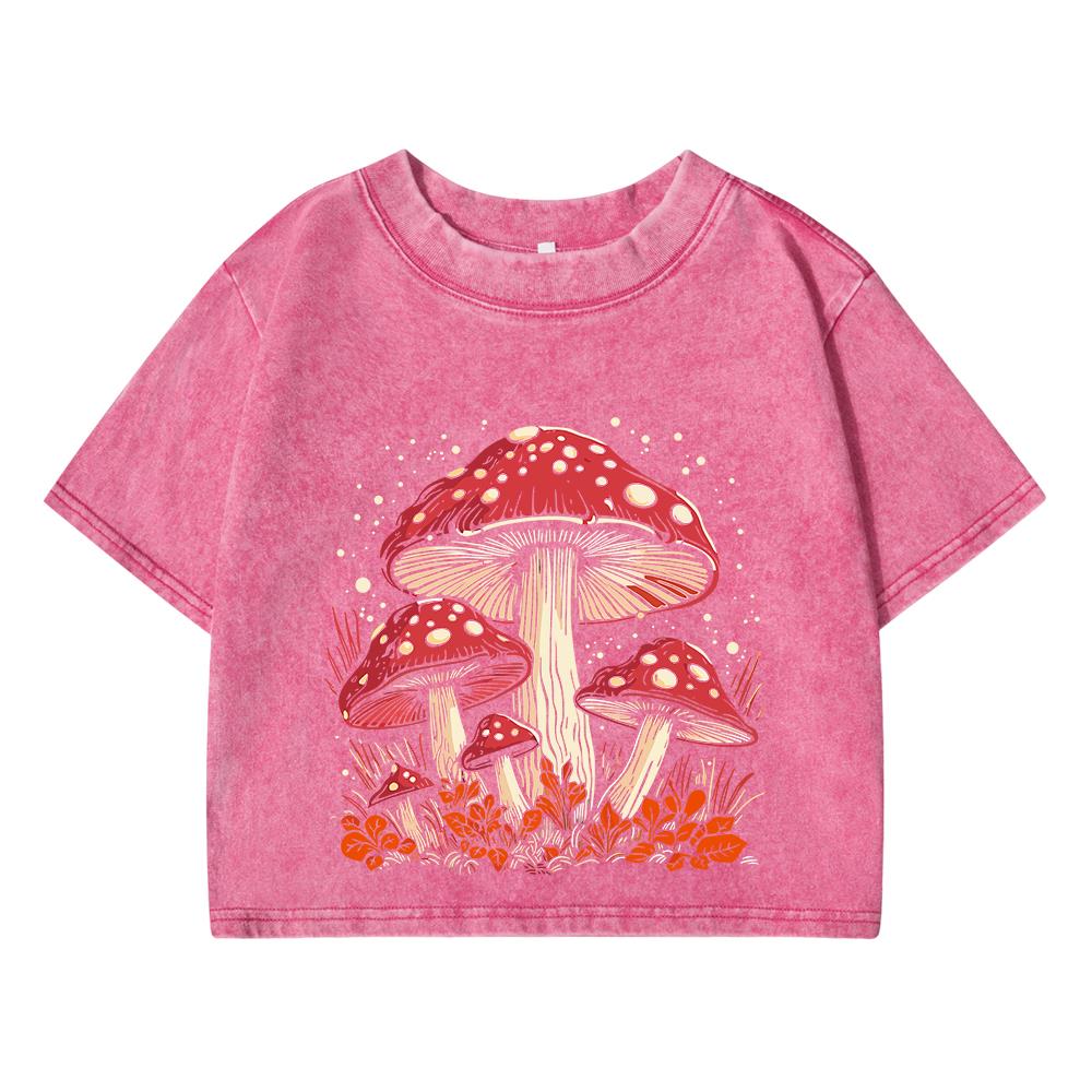 Hauts courts en coton pour femmes, tendance, col rond, T-Shirts délavés en détresse, champignon rouge, personnalité graphique imprimé, vêtements de rue
