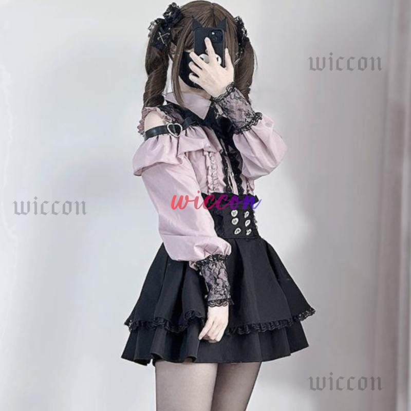 Jirai kei tenue Lolita filles chemise jupe ensemble femmes Kawaii nœud à manches longues Y2K décontracté esthétique chemise Style japonais femmes