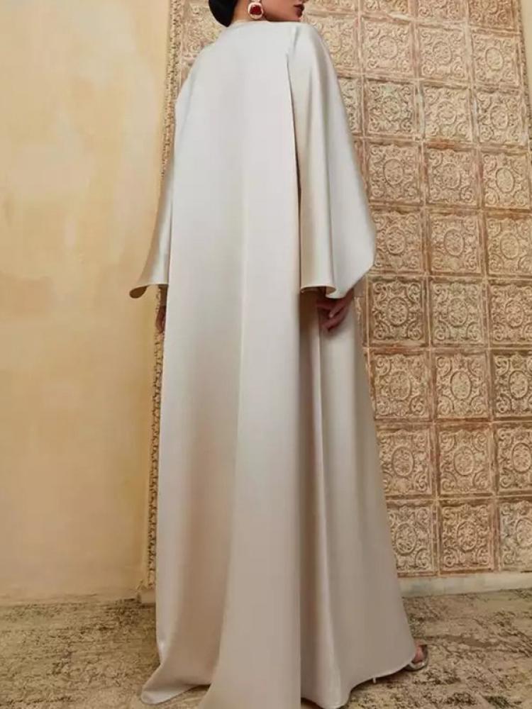 Robe de soirée fendue pour femmes musulmanes, couleur unie, col rond, manches longues chauve-souris, robes de soirée amples