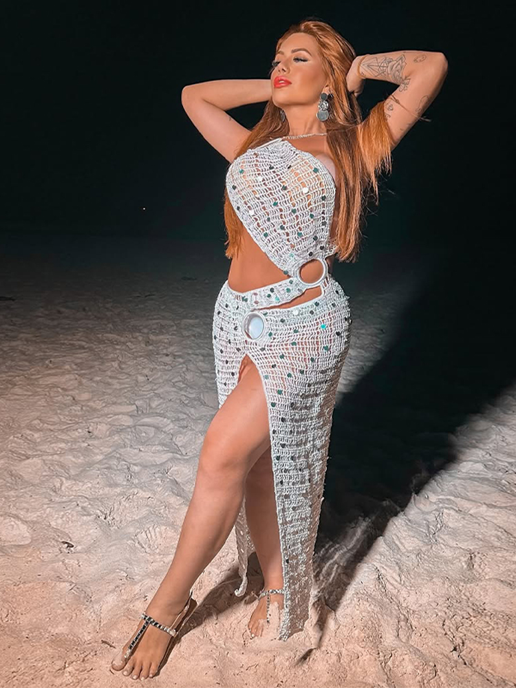 Robe maxi à sequins à une épaule avec découpe, crochet transparent, fente haute, été 2026, robes sexy pour femmes, mode, vacances, chic, plage, vestido