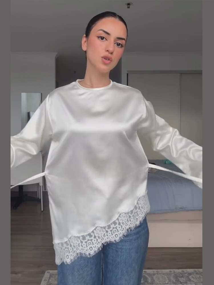 Haut élégant en satin et dentelle patchwork pour femme, col rond, manches longues amples, chemisier à bretelles, T-shirt chic po