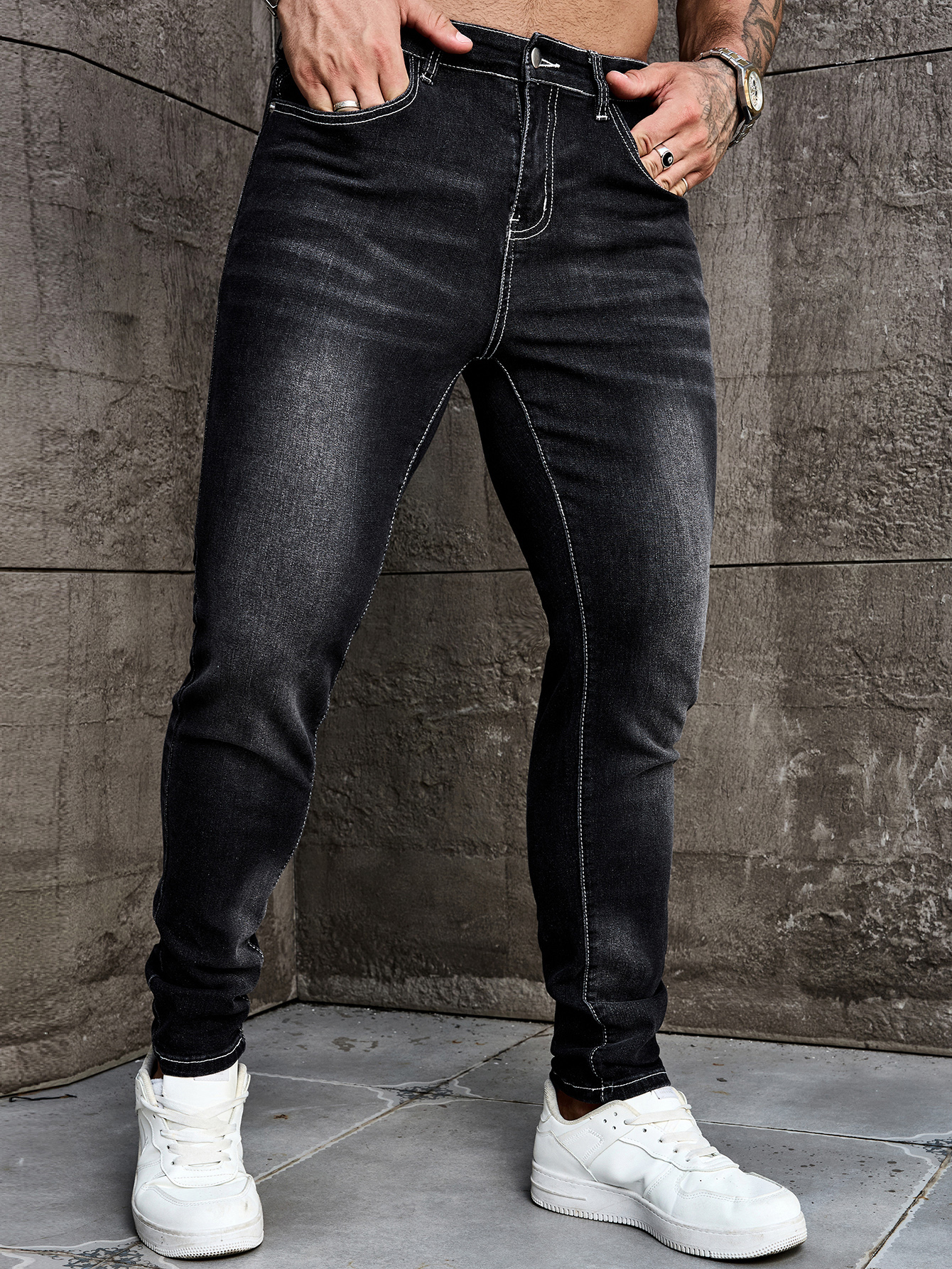 Pantalon en jean pour homme, coupe slim, extensible, délavé noir, style décontracté