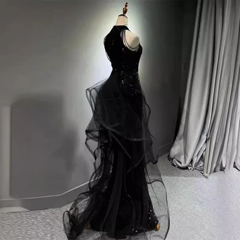 Femmes robes de soirée noir sens avancé mince tempérament célébrité hôte cou queue de poisson jupe mariage Toast robe pour femme