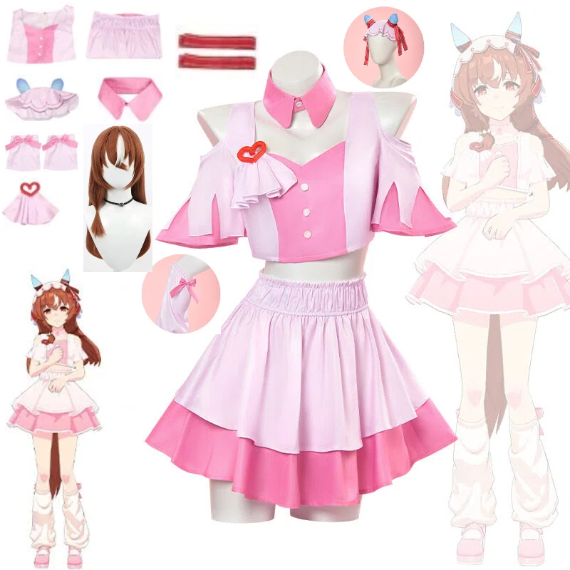 Costume de cosplay Anime Uma Musume Stage, mini-jupe rose, chapeau, broche, tenue de scène universelle, vêtements de jeu de rôle d'anime pour Halloween