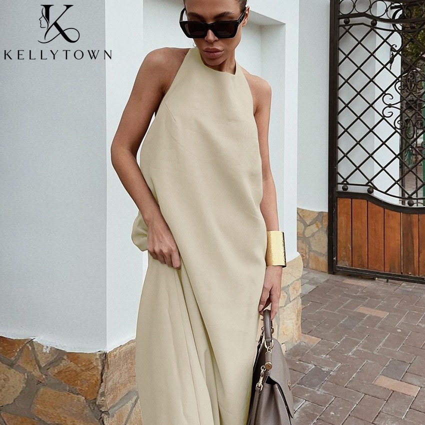 Robe longue d'été en coton et lin kaki pour femme, style français décontracté, dos nu, coupe trapèze ample, sans manches