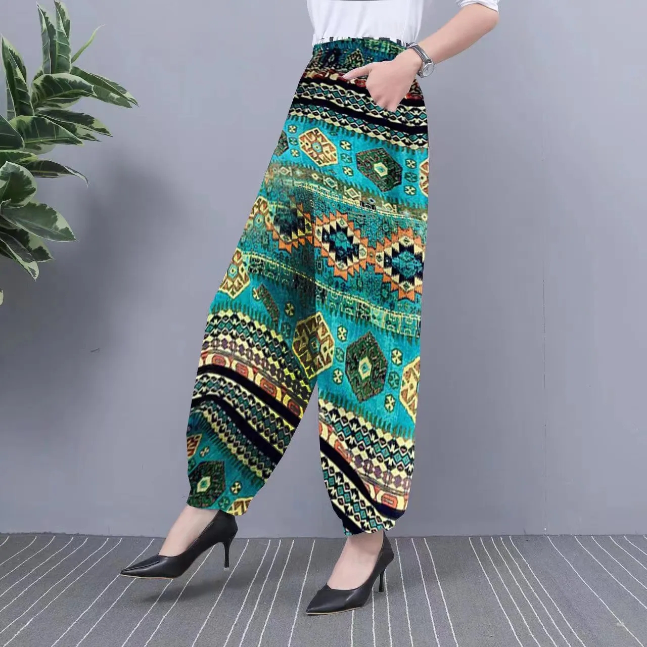 Pantalon en soie glacée pour femmes, sarouel fin, taille haute, élastique, mode imprimée, décontracté, jambes larges, nouvelle collection été 2024