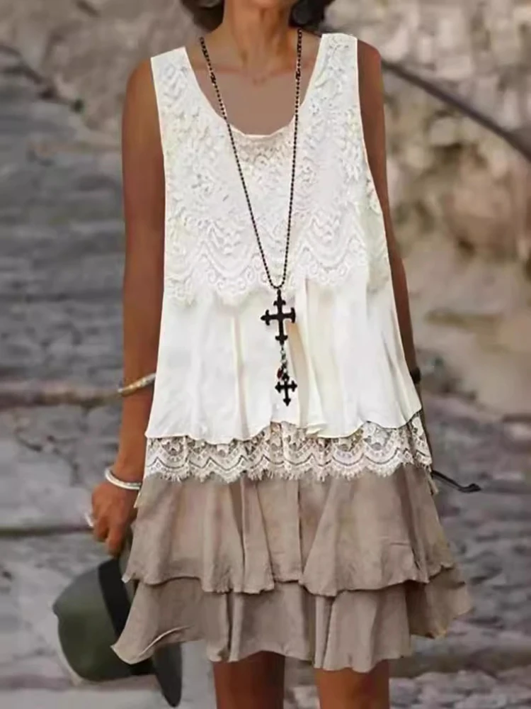 Robe en dentelle pour femme, à volants, patchwork, col en V, sans manches, longueur genou, coupe trapèze, style bohème décontracté, été 2026