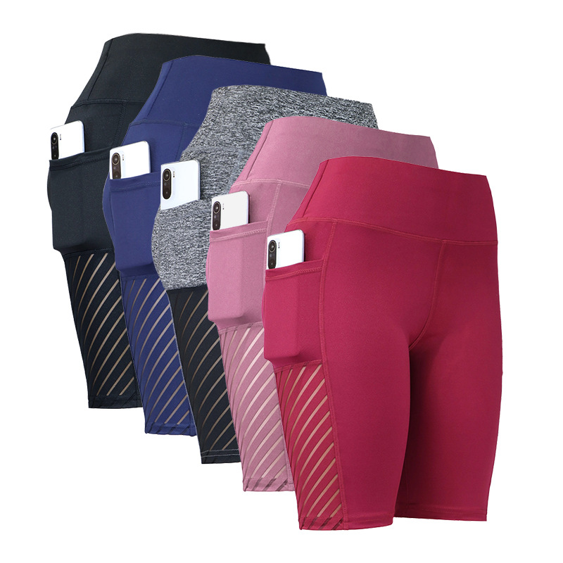 Pantalon cinq-quarts taille haute pour femmes, avec poches latérales, panneaux en maille de couleur unie, pantalon de sport de Fitness et de Yoga