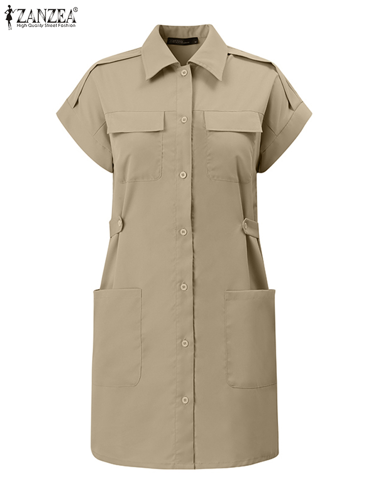 Mode coréenne été Cargo robe ZANZEA femmes à manches courtes col rabattu robe d'été décontracté solide fête robe chemise robes