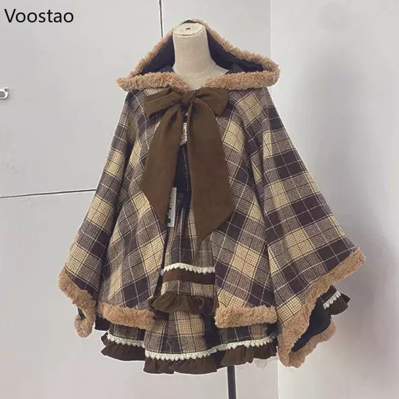 Manteau Everak en laine de style Lolita vintage japonais pour femmes, arc mignon, plaid, chaud, châle à capuche, vestes, ponchos en peluche pour filles, automne, hiver
