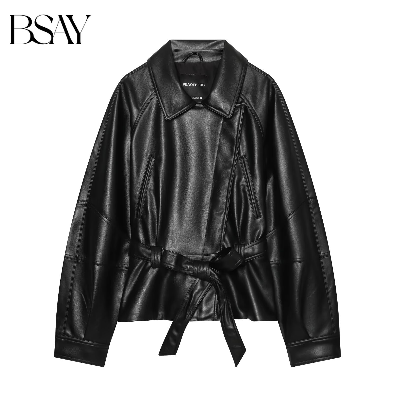 BSAY 2026 Veste Femme Mode Coréenne Décontractée en Cuir PU avec Col à Revers et Ceinture, Manches Longues, Coupe Oversize, Manteau d'Automne Quotidien