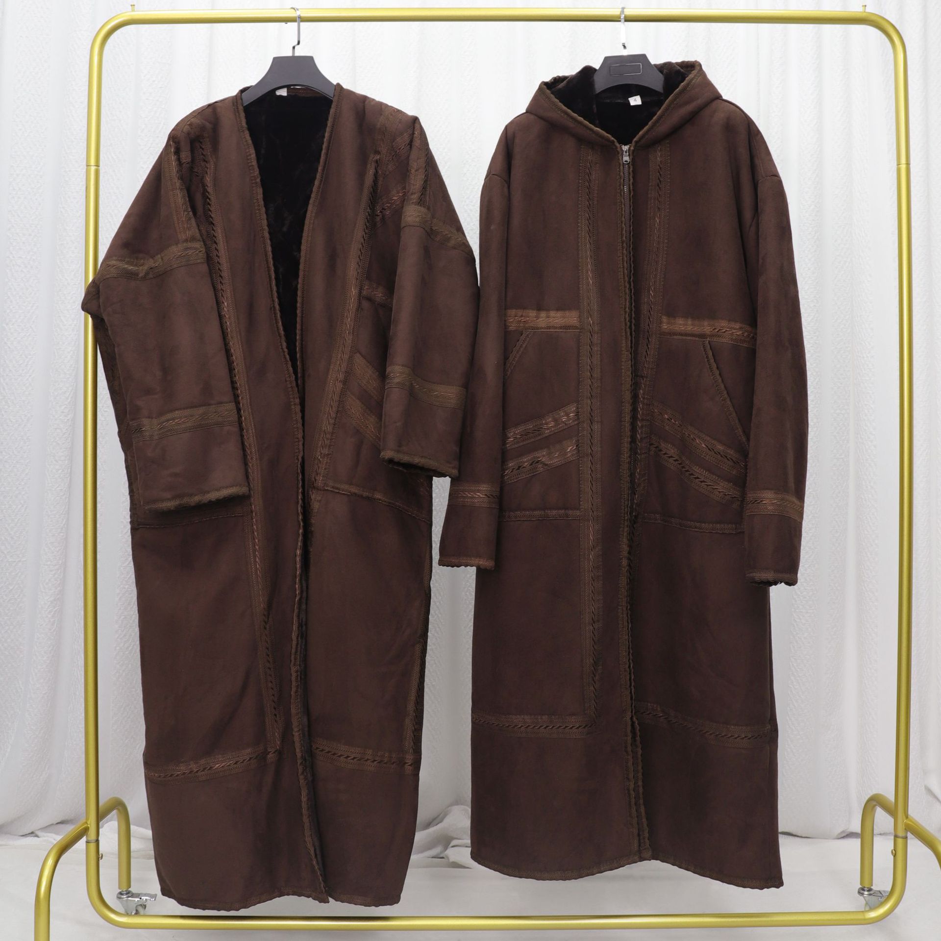 Nouveau hiver épaissi daim velours hommes musulman Long manteau pour la prière chaud Cardigan poches à capuche Abaya Kimono Robe polaire caftan