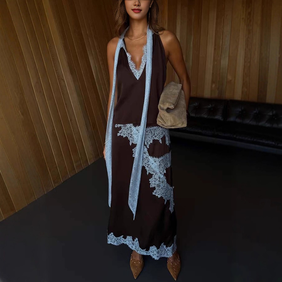 Ensemble jupe longue en dentelle patchwork tendance pour femme, décontracté, en satin, col en V, sans manches, pour l'été 2026, style urbain, idéal pour les vacances
