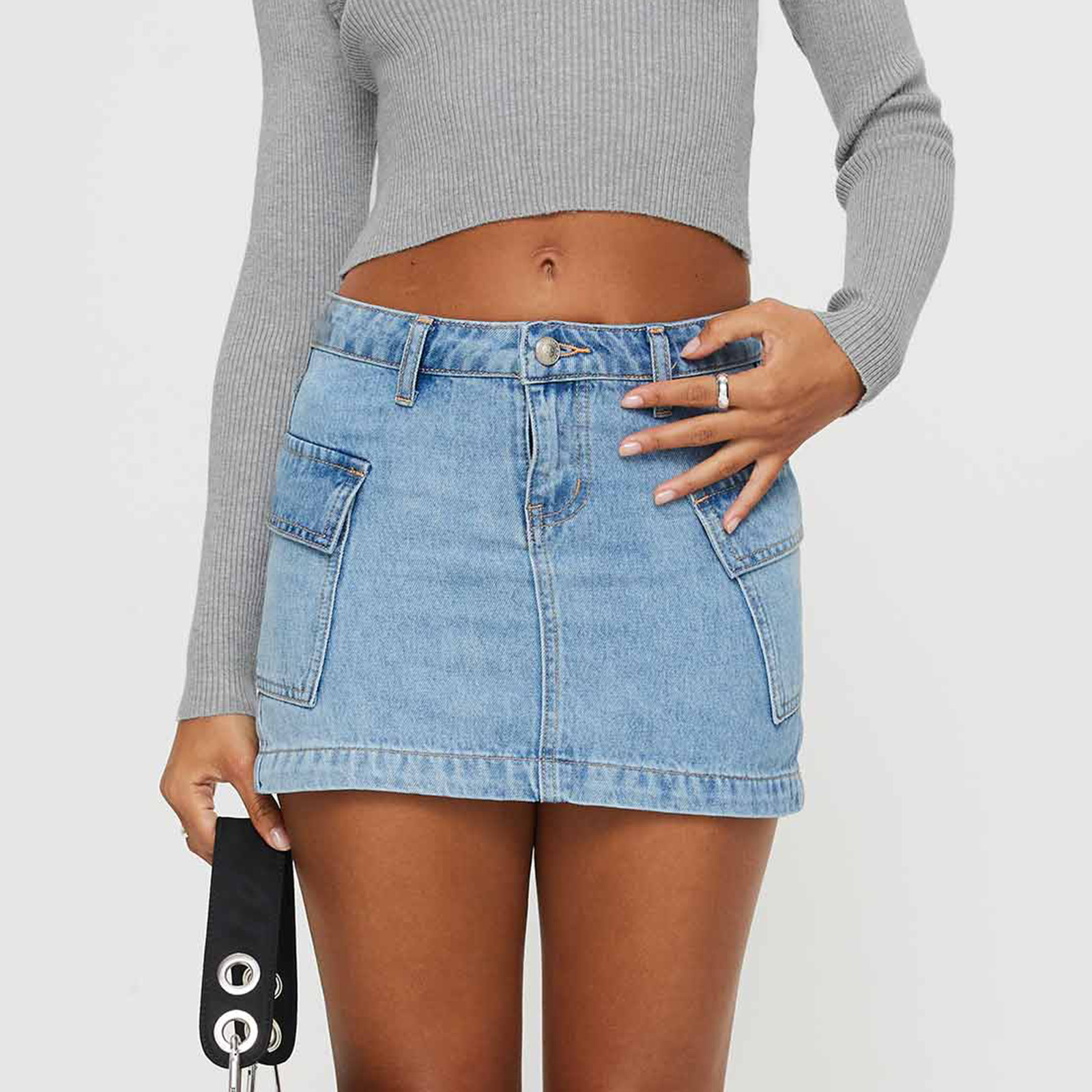 Mini jupe cargo en jean taille basse pour femme avec poches, jupe en jean courte taille moyenne, streetwear vintage, mode, Y2K