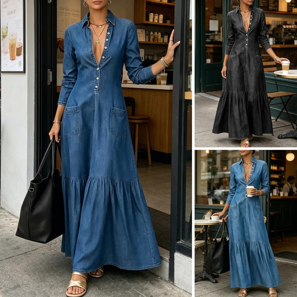Robe en jean ample pour femme, maxi, boutonnée, avec poches, manches longues, col à revers, col en V, coupe trapèze fluide