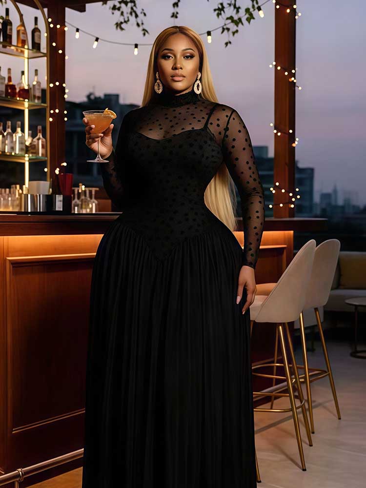 ‌ Robe à manches longues pour femmes Printemps ‌   Robe trapèze taille haute extensible pour femme ronde, élégante robe de soirée plissée