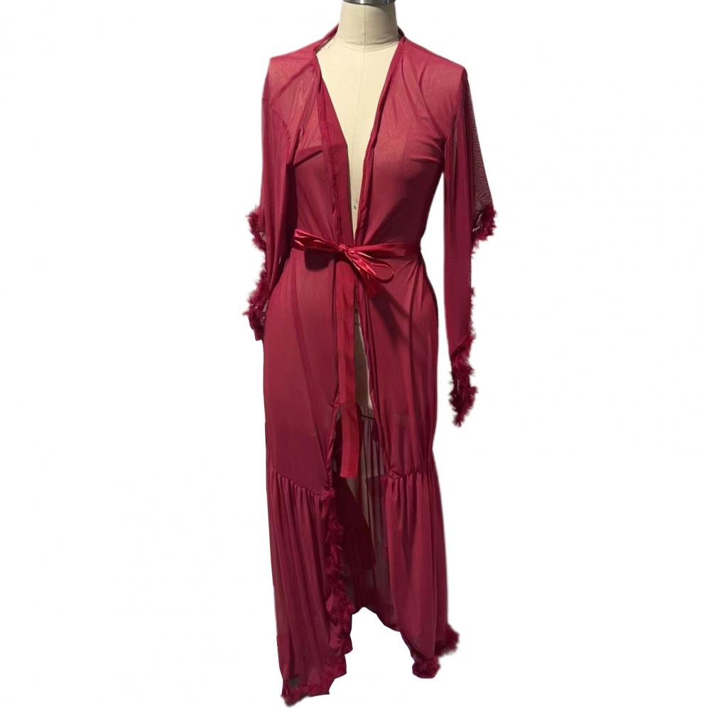Robe Kimono d'été pour femme en tulle transparent, col en V, manches longues, longueur ras du sol, robe de nuit, peignoir de nuit pour lune de miel, robe de chambre