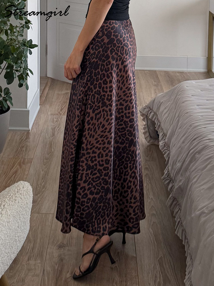 Jupe longue léopard en Satin pour femmes, jupe de luxe, ligne A, taille haute, marron, Maxi, printemps été, 2026