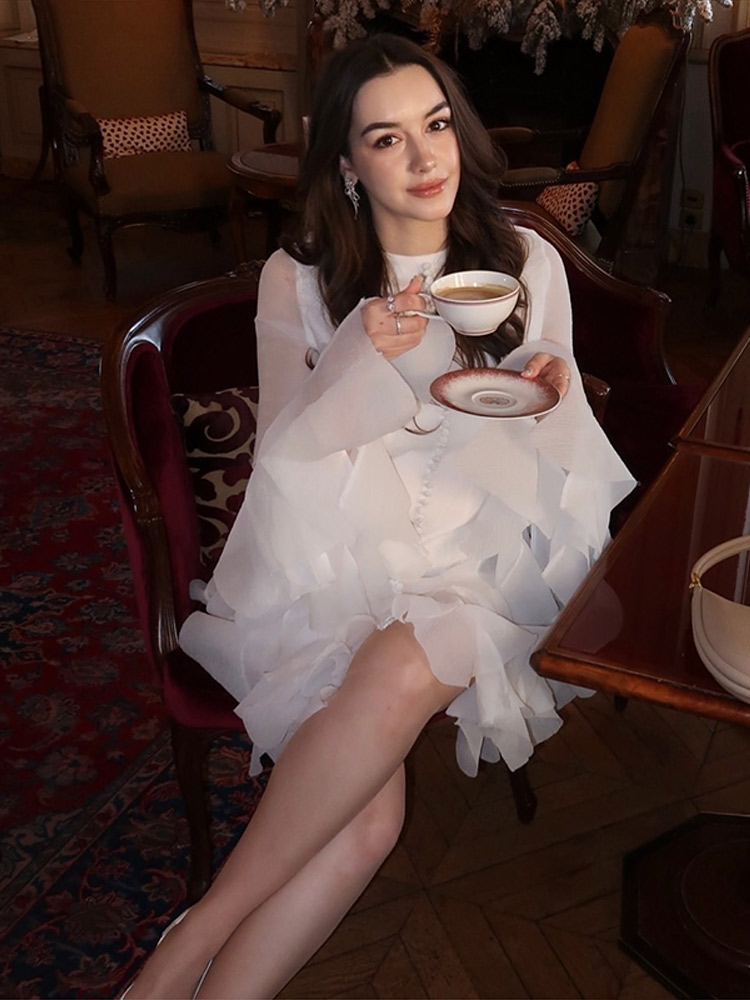 Robe bouffante évasée à manches longues, taille cintrée, col rond, grande jupe, ourlet, robe de soirée française, coupe cintrée,