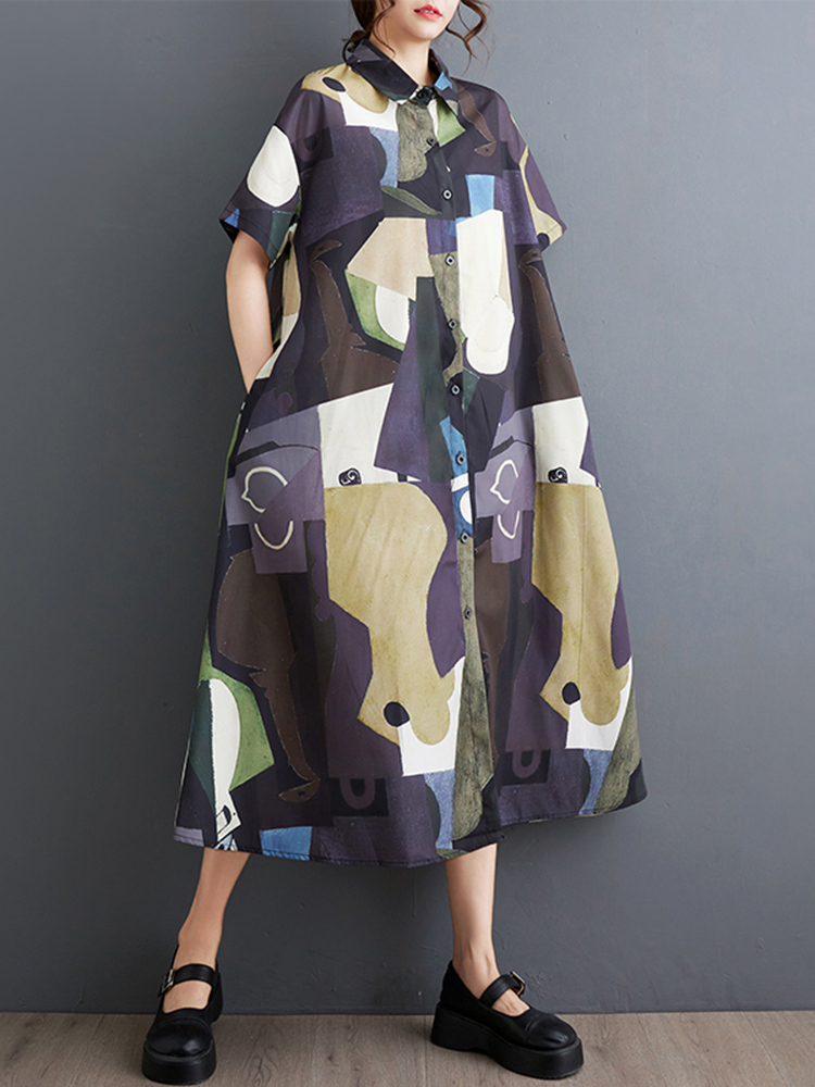 Nouvelles Robes Chemises Imprimées Vintage Été 2026 pour Femmes – Robe Midi Décontractée Ample à Manches Courtes – Vêtements Élégants et Tendance