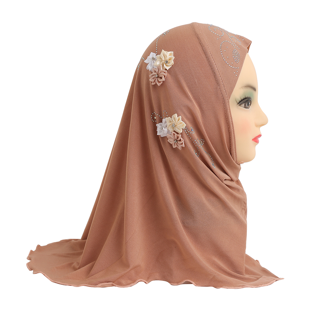 H075 belle petite fille Al amira hijab avec des fleurs faites à la main s'adapte aux enfants de 2 à 6 ans tirer sur écharpe islamique enveloppement de tête