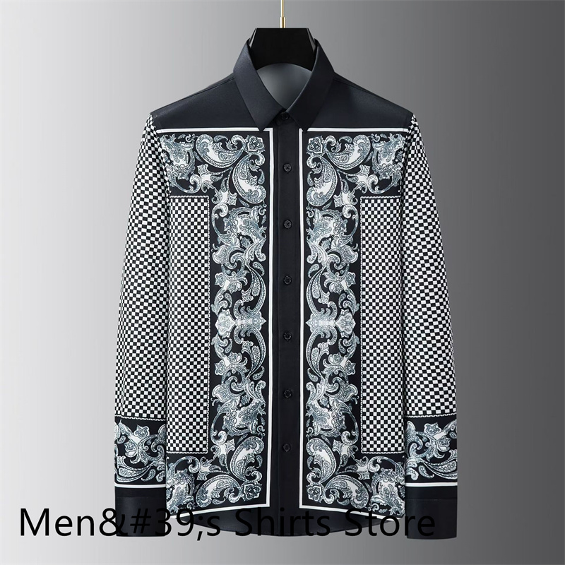 Chemise de luxe imprimée rétro pour hommes, coupe cintrée, manches longues, pour banquet social, haute qualité, vêtements d'affaires décontractés pour hommes