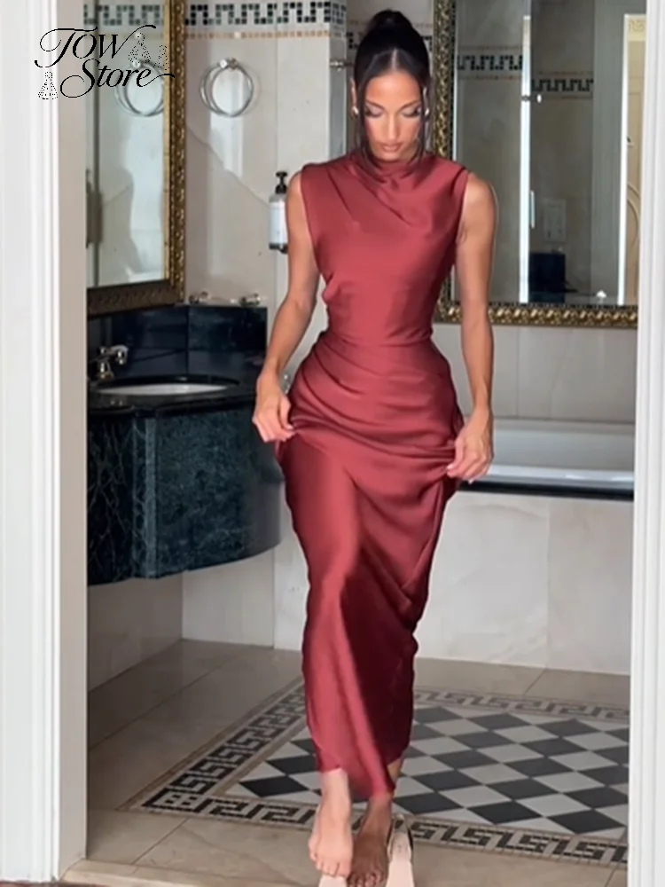 Robe élégante pour femme en satin uni à col bénitier, sans manches, taille froncée, coupe sirène moulante, Vestido 2026, Robes de soirée d'été