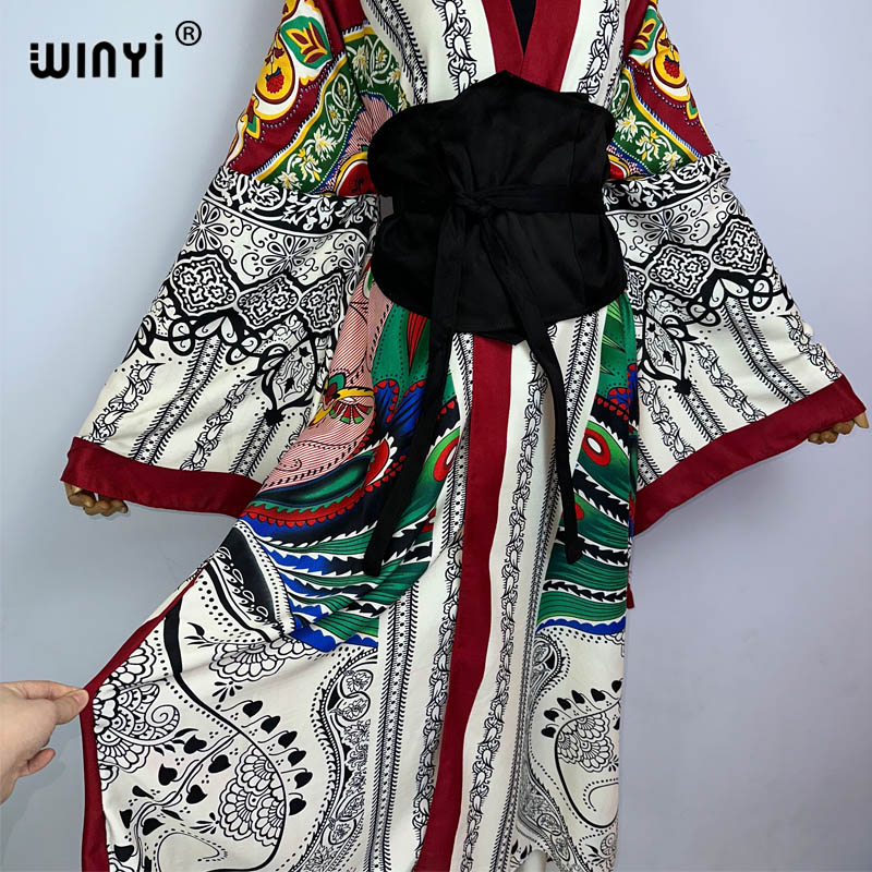 WINYI 2022 Robe chemise mi-longue pour femmes, style kimono, mode vintage, imprimé floral totem, ceinture à la taille, manches longues, décontractée, coupe ajustée, vestidos