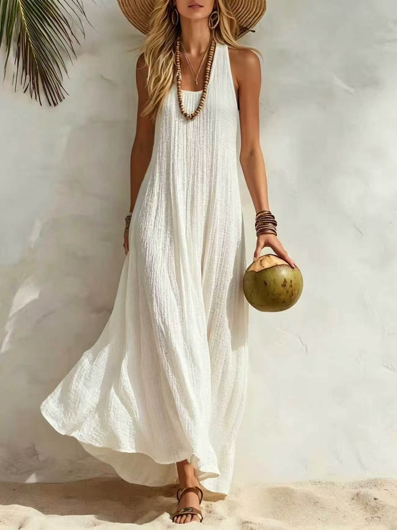 Robe longue décontractée à texture verticale, style débardeur, idéale pour la plage ou comme tenue de vacances