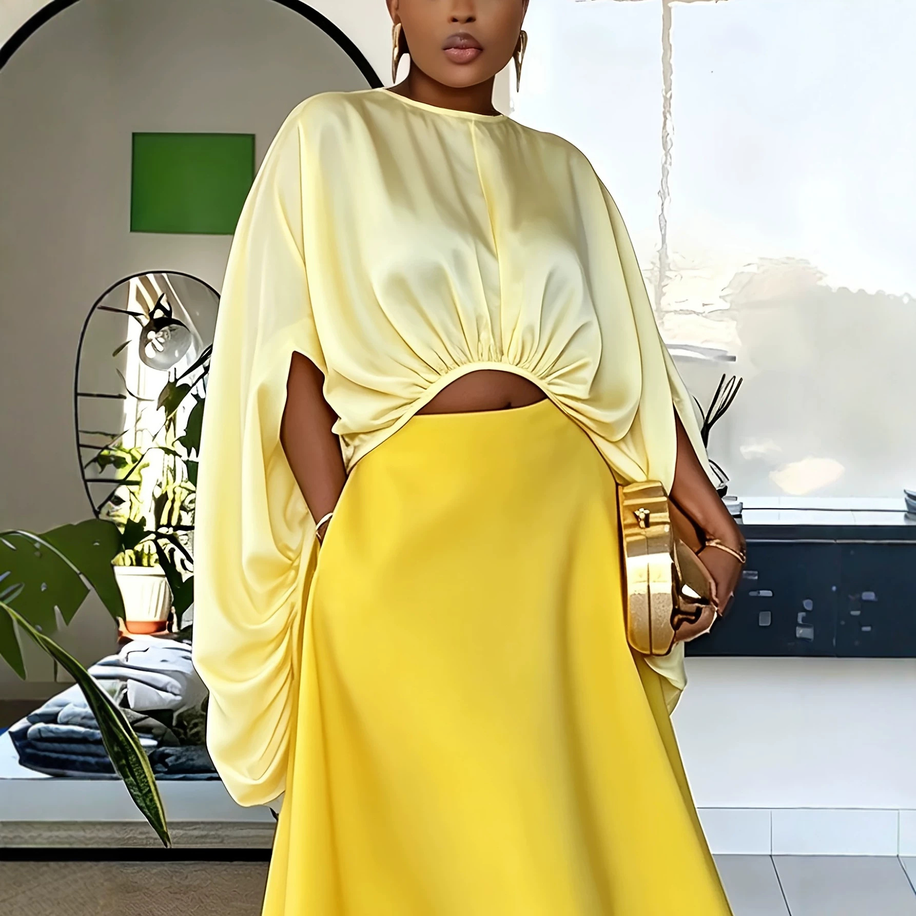 Ensemble deux pièces en satin pour femme : haut court à manches chauve-souris et jupe midi asymétrique avec poches – Ensemble élégant et assorti