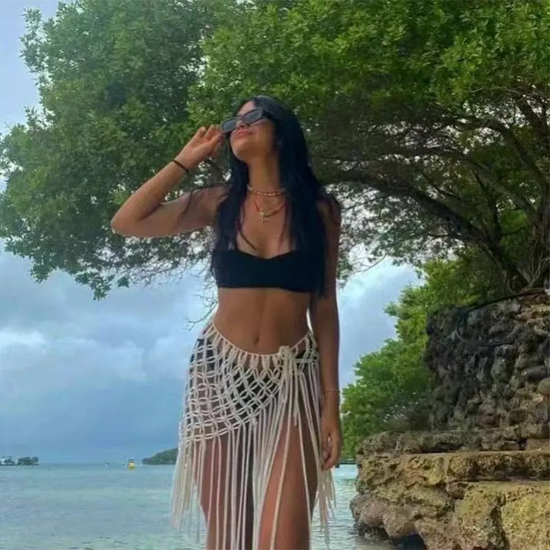Jupe cache-maillot en corde de coton tressée à la main avec franges, style bohème, pour festival, streetwear, accessoire pour costumes et jeans