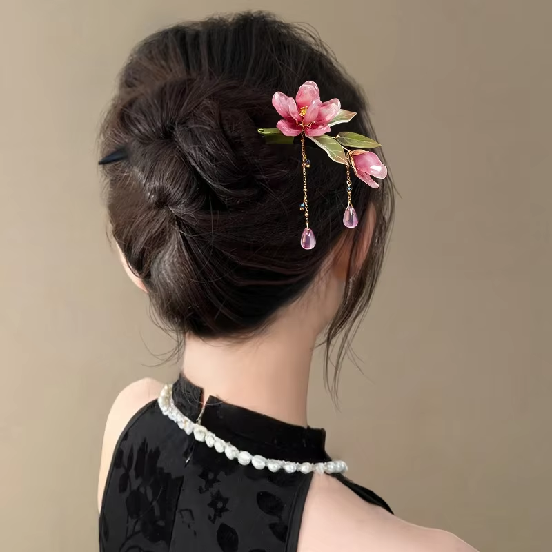 Nouvelle épingle à cheveux style chinois avec pompon, style ancien, faite à la main, motif fleur de lotus, pour femme
