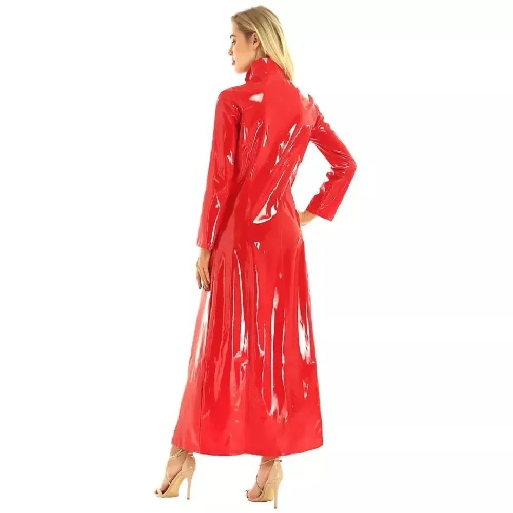 Robe longue en cuir brillant miroir PU pour femmes, coupe-vent, longue robe en cuir
