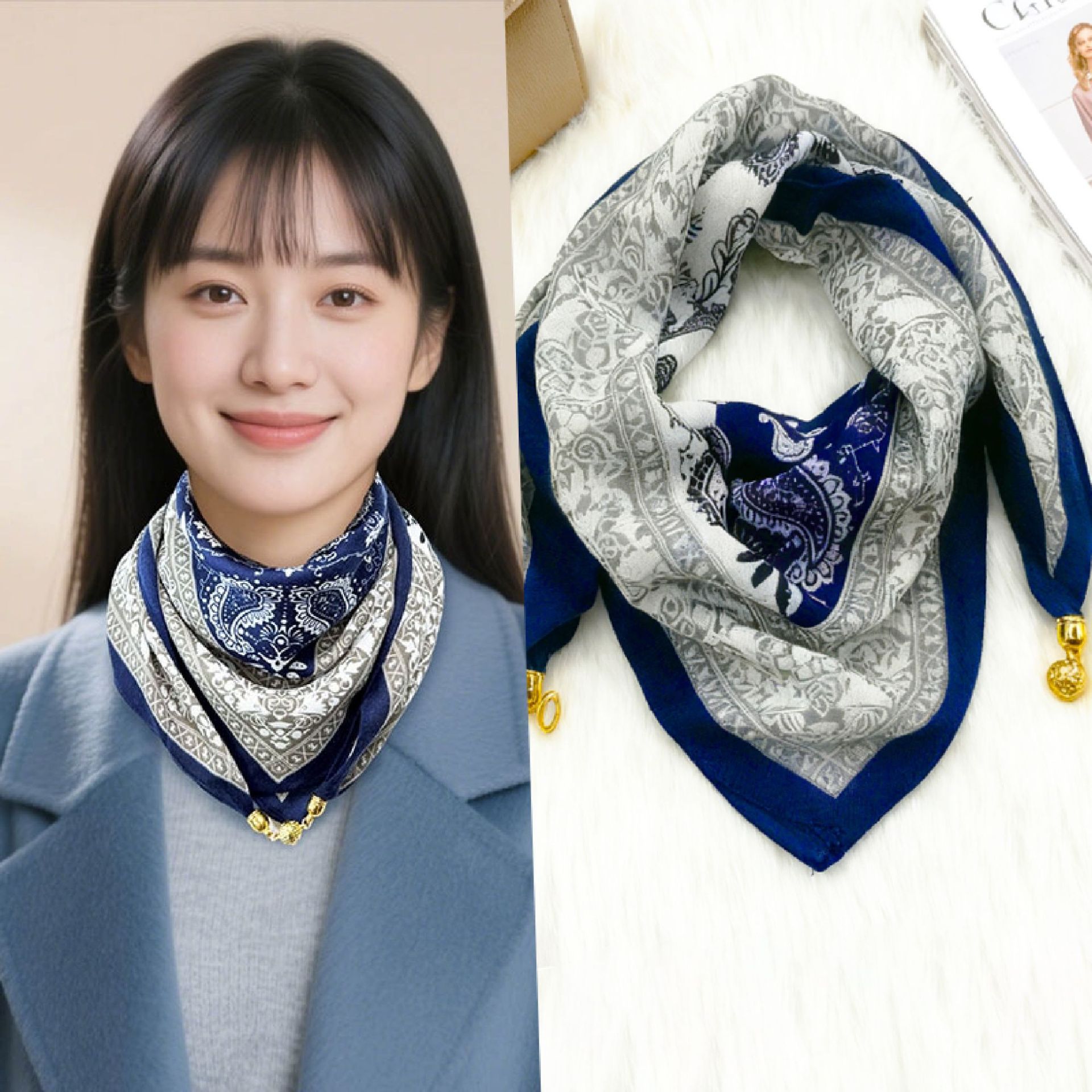 Nouveau Foulard Carré de Luxe en Soie pour Femme, Écharpe à Boucle Magnétique, Imprimé Floral, en Coton et Lin, Triangle Croisé, Doux et Chaud