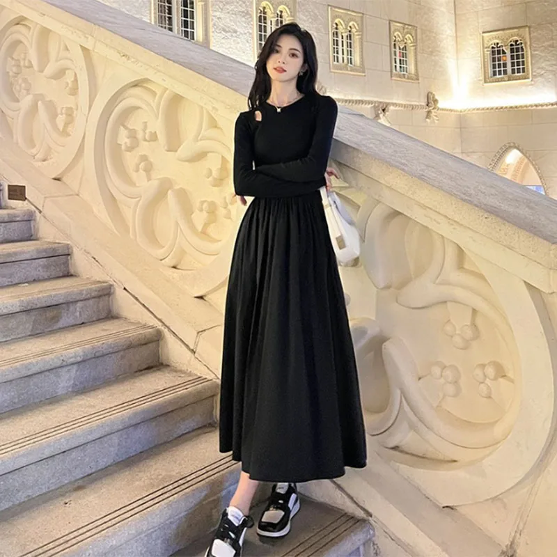 Fanan 2024 nouvelle robe trapèze à manches longues col rond mode Streetwear robes dame Style coréen évider robes longues noires femmes