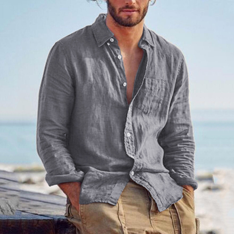 Chemise décontractée à manches longues pour homme en coton, polyester et lin, respirante, boutonnée, avec poche poitrine, idéale pour l'été et les vacances à la plage