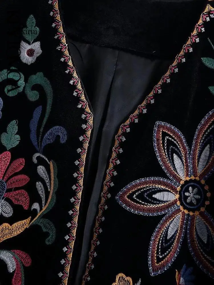 Femmes mode contraste broderie velours culture ouvert Blazer manteau Vintage à manches longues vêtements de dessus pour femmes Chic Veste Femme