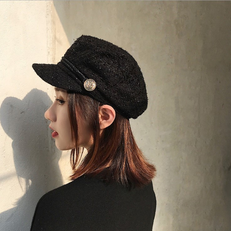 Casquette en laine pour femmes, chapeau plat, élégant, solide, chaîne en métal, chaud, streetwear décontracté, automne hiver