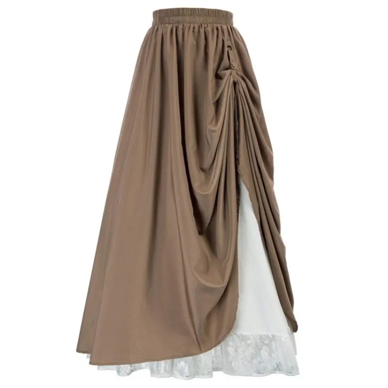 Jupe longue évasée décontractée à double couche en dentelle, style Renaissance, avec boutons, volants vintage, taille élastique, longueur maxi pour femme