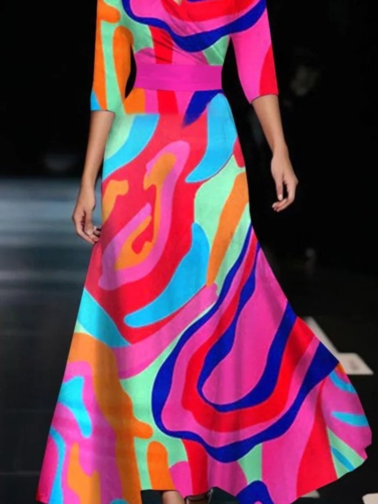 Robe à manches trois-quarts à col en V pour femmes, taille élégante, impression florale, robes décontractées pour femmes, printemps, automne, nouveau, à la mode