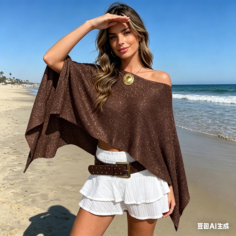 Combhasaki – poncho en tricot scintillant Y2k pour femmes, châle court, col bateau, couverture de plage, pull, hauts transparents scintillants