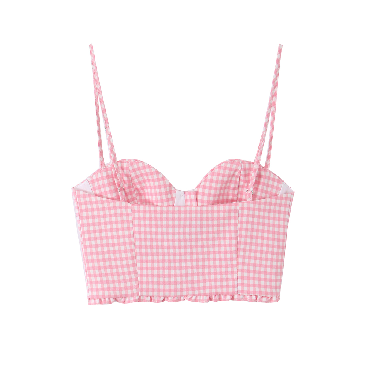 BSAY Coquette Pink Gingham Bustier Crop Top pour femme, débardeur corset à col cœur, fines bretelles, boutons sur le devant et ourlet à volants, style mignon d'été